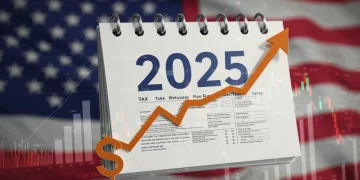 Illustration of 2025 calendar with financial symbols and tax forms, representing upcoming US tax code changes for investors.