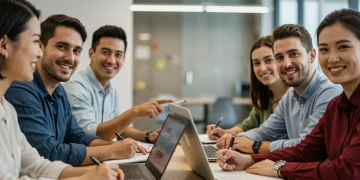 Diverse adult learners collaborating in a modern classroom