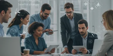 Employees reviewing health benefits information on devices and discussing in a modern office
