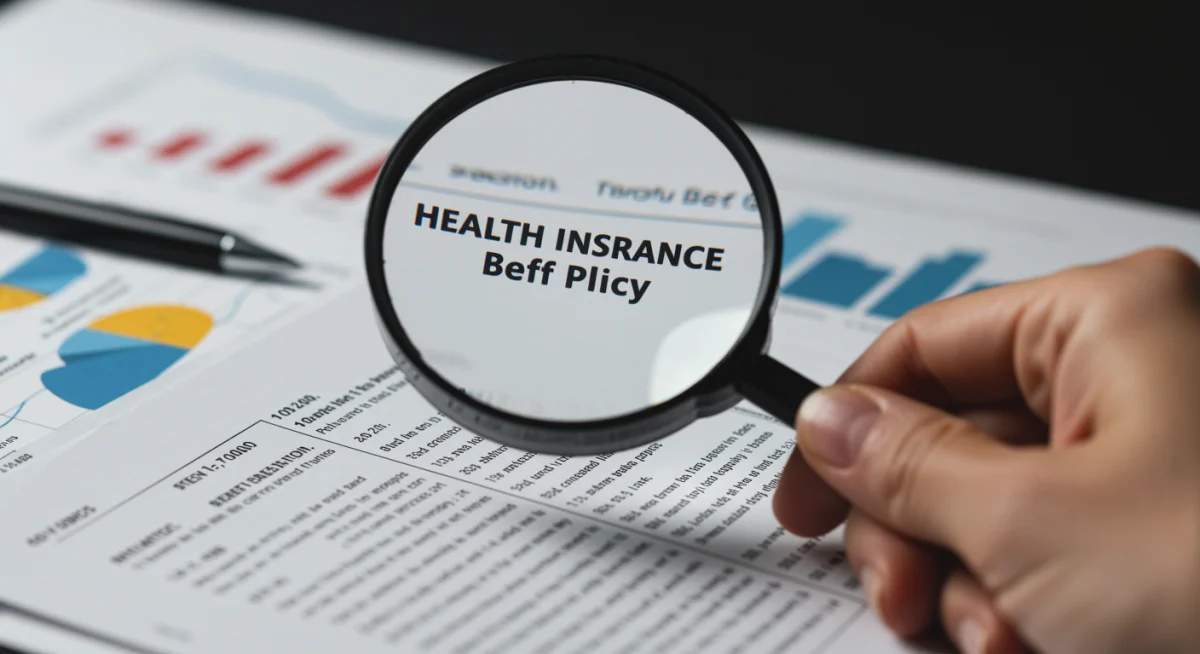 Hand examining health insurance policy document with magnifying glass