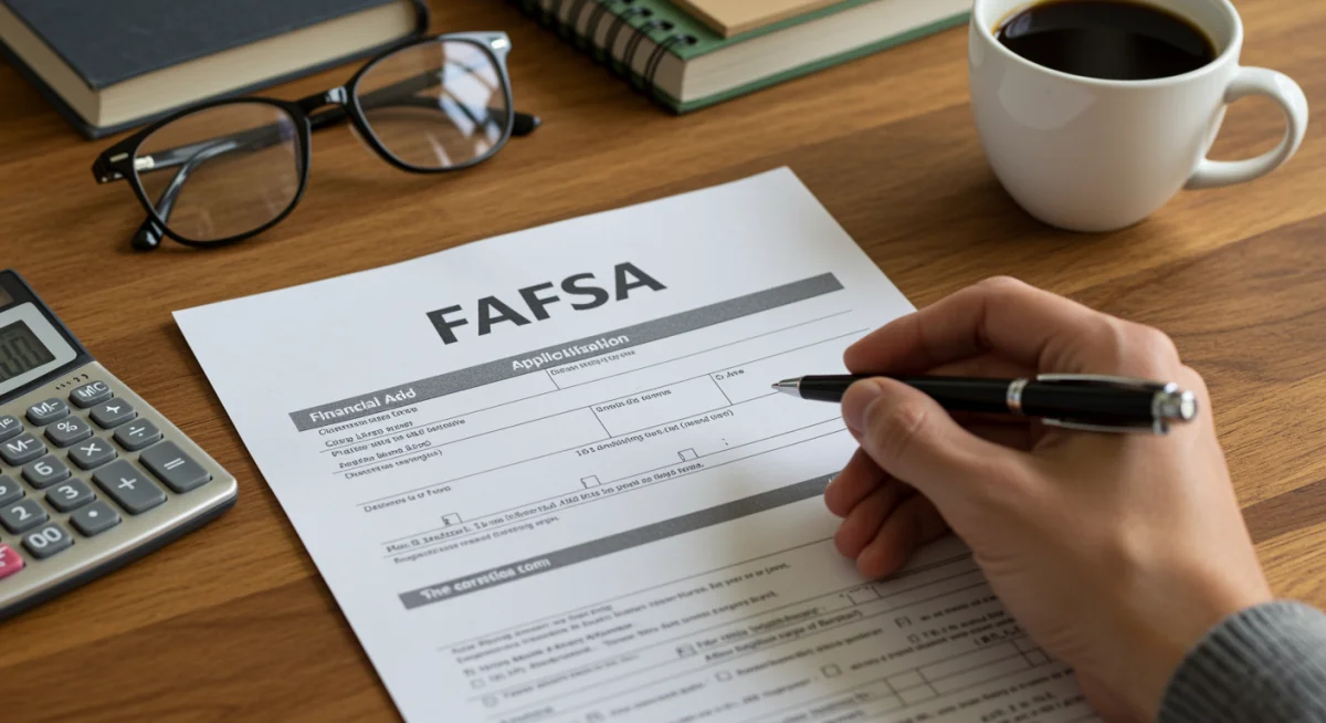 Hand filling out a FAFSA financial aid application form