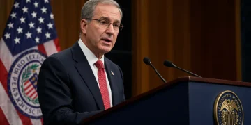 Federal Reserve Chairman delivering a crucial speech on economic outlook in January 2025.