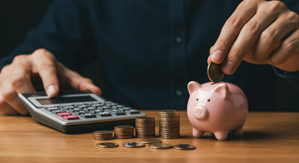 Hand putting coin into piggy bank, symbolizing consistent saving and compounding for retirement growth.