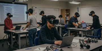 High school students engaging with advanced STEM technology in a modern classroom setting.