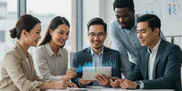 Professionals reviewing financial data on a tablet, symbolizing successful 401(k) retirement planning and growth by 2025.