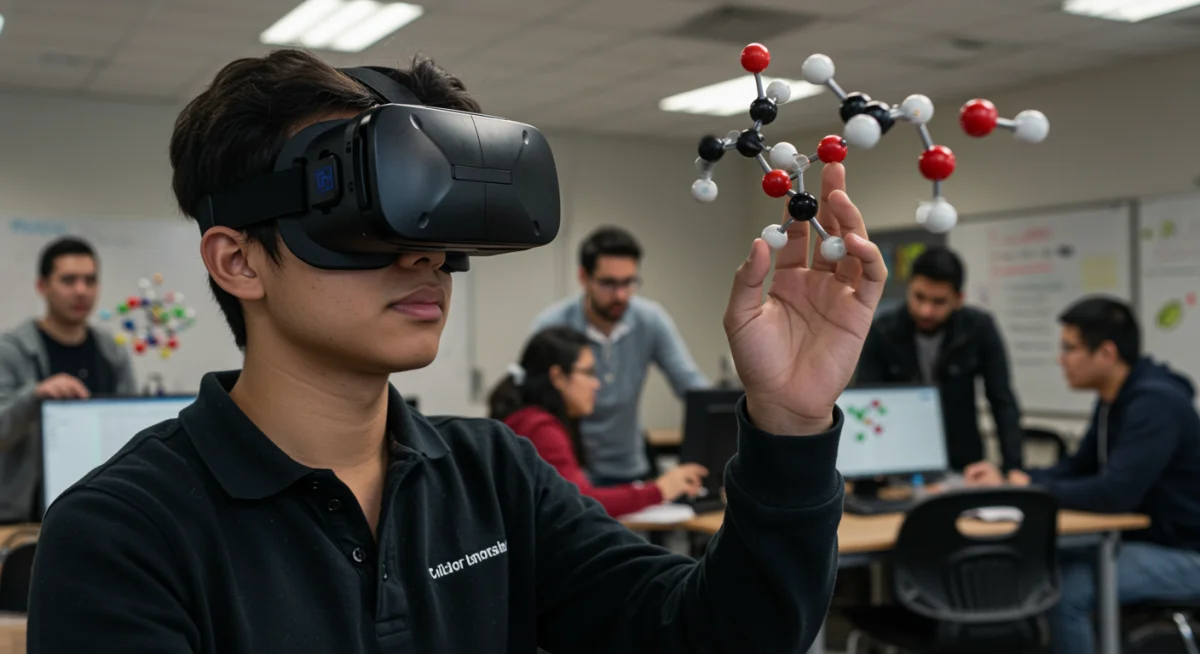Student using virtual reality for science education in high school.